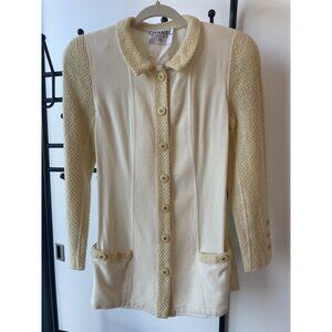 Chanel Womens Ivory Wool & Cotton Textured Button-Up Blazer Jacket Size M